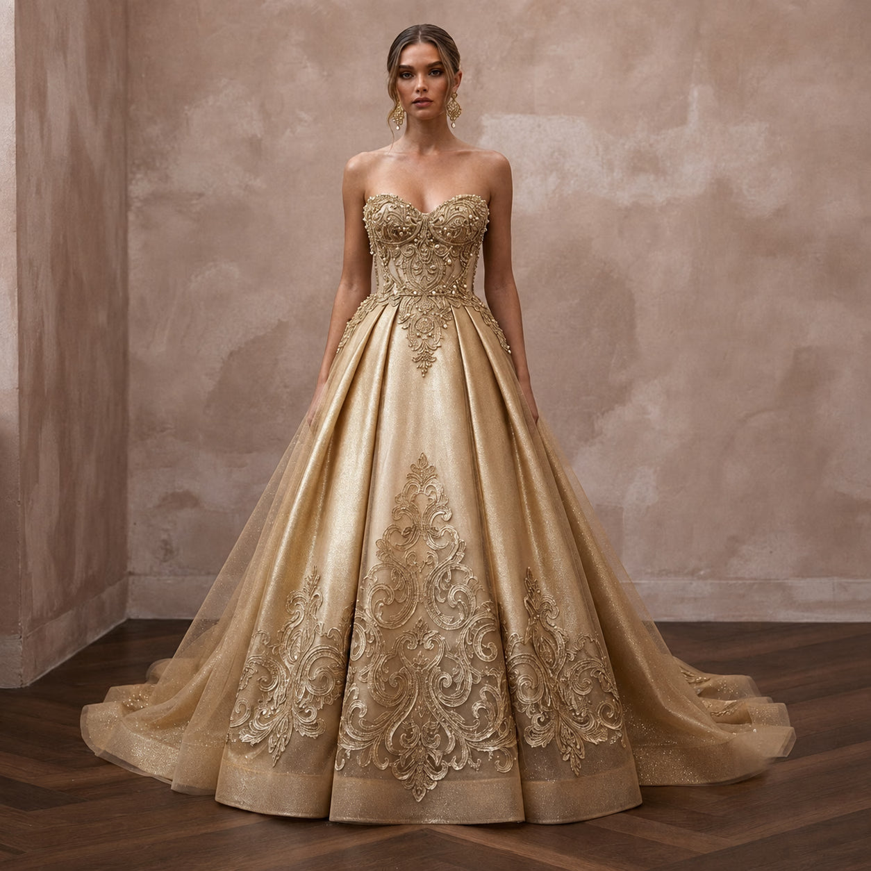 Gold Wedding Dresses with Regal Metallic Accents - Apparel & Accessories > Clothing > Wedding & Bridal Party Dresses > Wedding Dresses - Mignonette