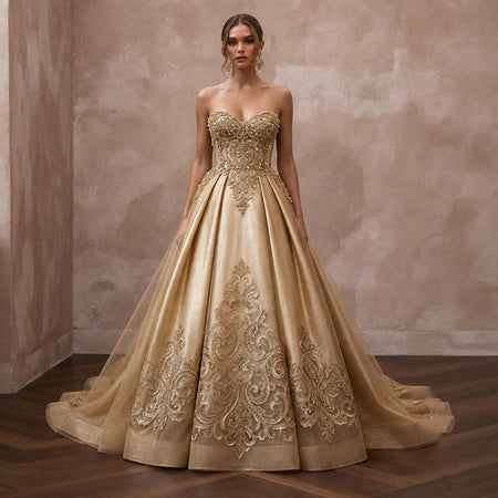 Gold Wedding Dresses with Regal Metallic Accents - Apparel & Accessories > Clothing > Wedding & Bridal Party Dresses > Wedding Dresses - Mignonette