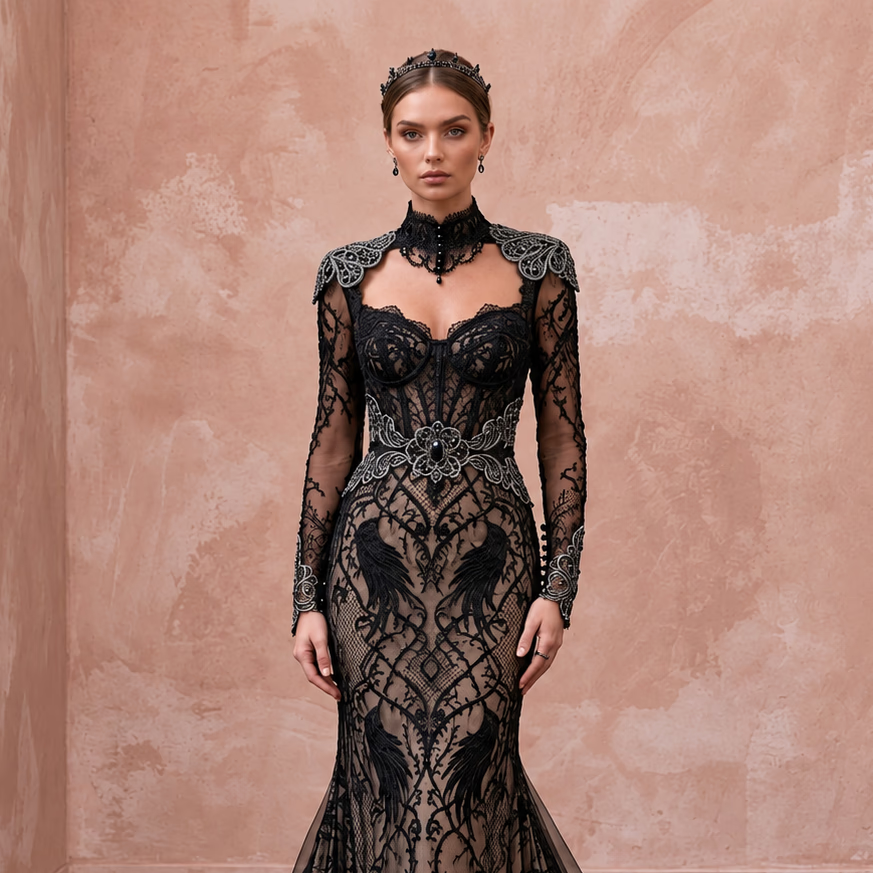 Gothic-Inspired Black Lace Long Sleeve Bridal Gown for Themed Elopement