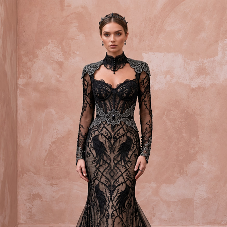 Gothic-Inspired Black Lace Long Sleeve Bridal Gown for Themed Elopement
