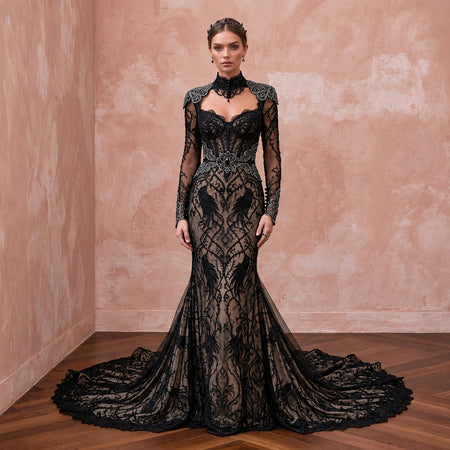 Gothic-Inspired Black Lace Long Sleeve Bridal Gown for Themed Elopement