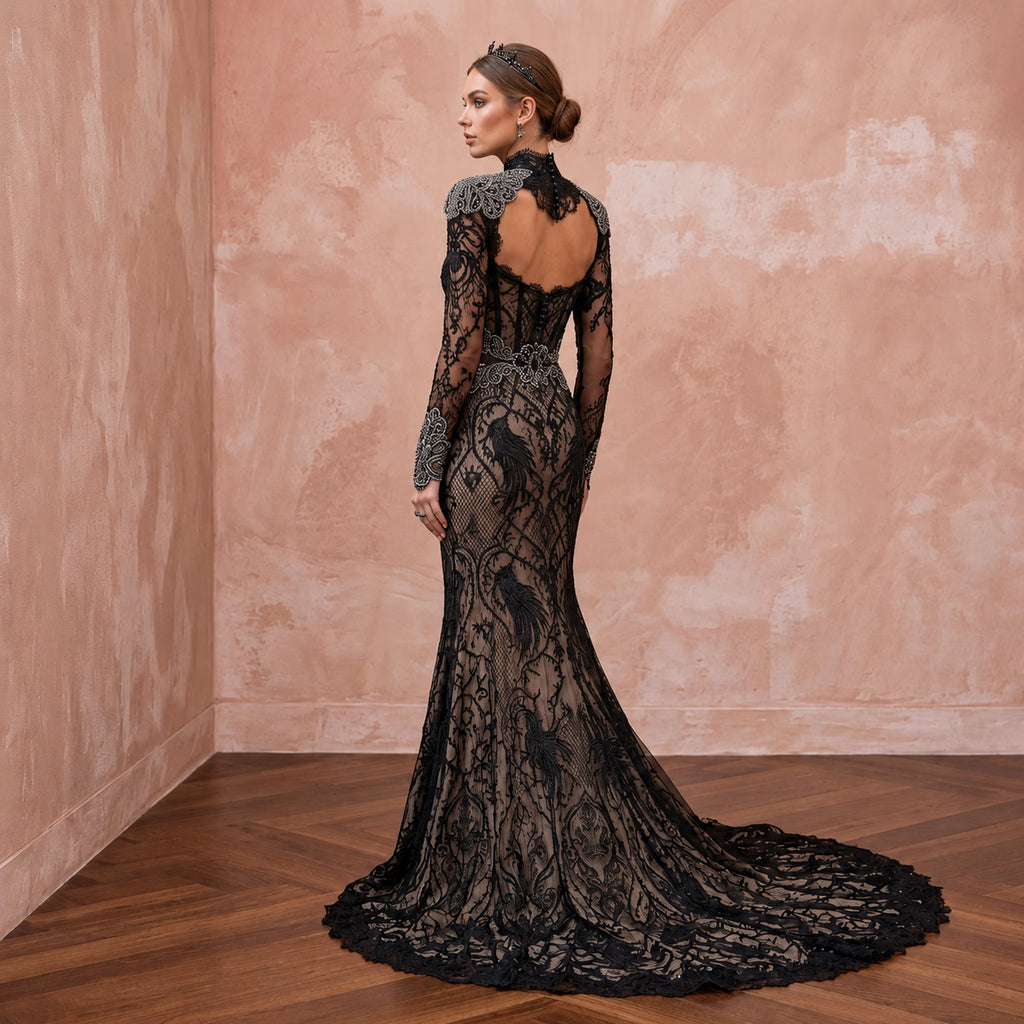 Gothic-Inspired Black Lace Long Sleeve Bridal Gown for Themed Elopement