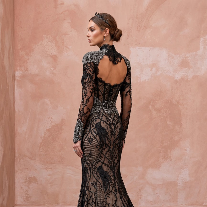 Gothic-Inspired Black Lace Long Sleeve Bridal Gown for Themed Elopement