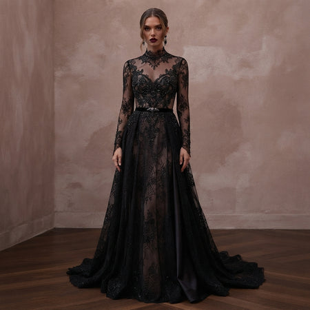 Gothic-Inspired Black Lace Long Sleeve Dress for Themed Elopement