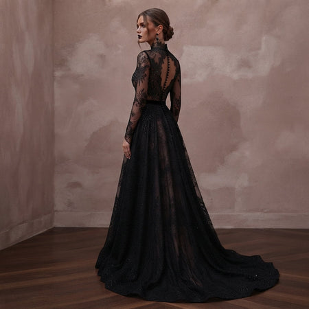 Gothic - Inspired Black Lace Long Sleeve Dress for Themed Elopement - Apparel & Accessories > Clothing > Wedding & Bridal Party Dresses > Wedding Dresses - Mignonette Bridal