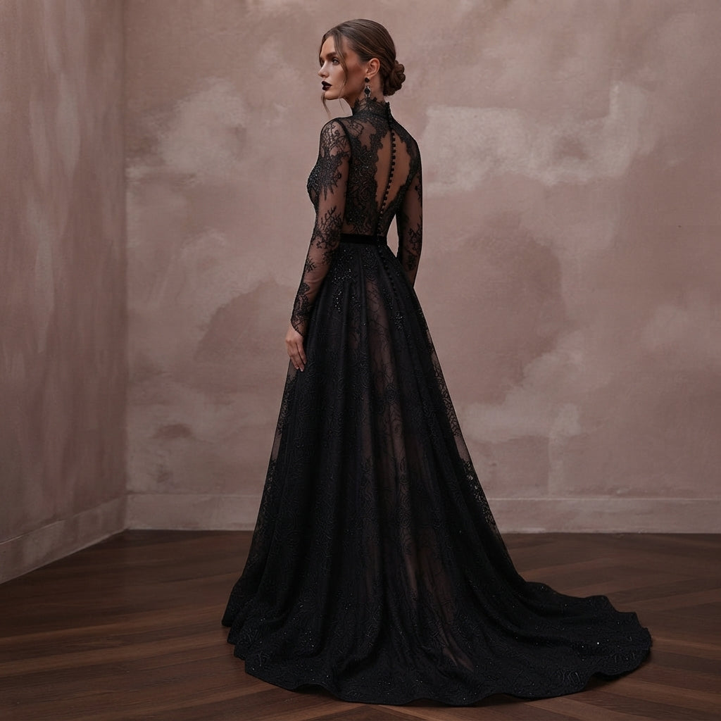 Gothic-Inspired Black Lace Long Sleeve Dress for Themed Elopement Secondary image