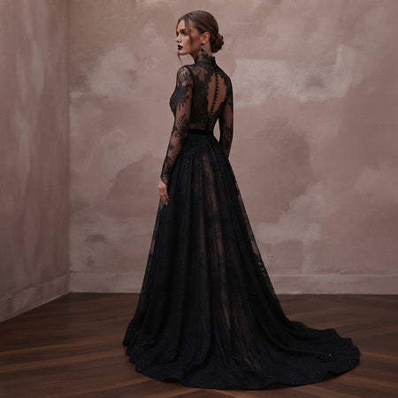 Gothic-Inspired Black Lace Long Sleeve Dress for Themed Elopement