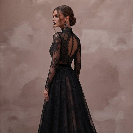 Gothic - Inspired Black Lace Long Sleeve Dress for Themed Elopement - Apparel & Accessories > Clothing > Wedding & Bridal Party Dresses > Wedding Dresses - Mignonette Bridal