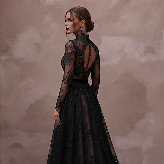 Gothic-Inspired Black Lace Long Sleeve Dress for Themed Elopement