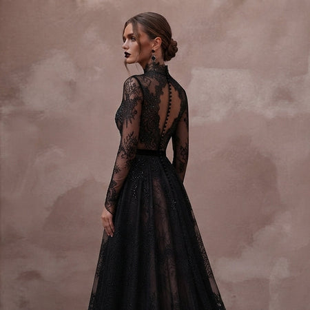 Gothic-Inspired Black Lace Long Sleeve Dress for Themed Elopement