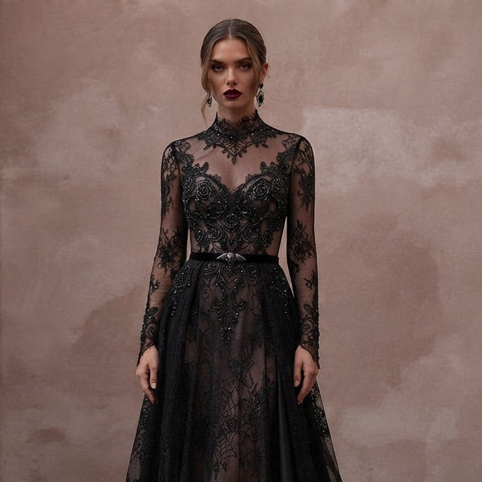 Gothic - Inspired Black Lace Long Sleeve Dress for Themed Elopement - Apparel & Accessories > Clothing > Wedding & Bridal Party Dresses > Wedding Dresses - Mignonette Bridal