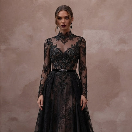 Gothic-Inspired Black Lace Long Sleeve Dress for Themed Elopement