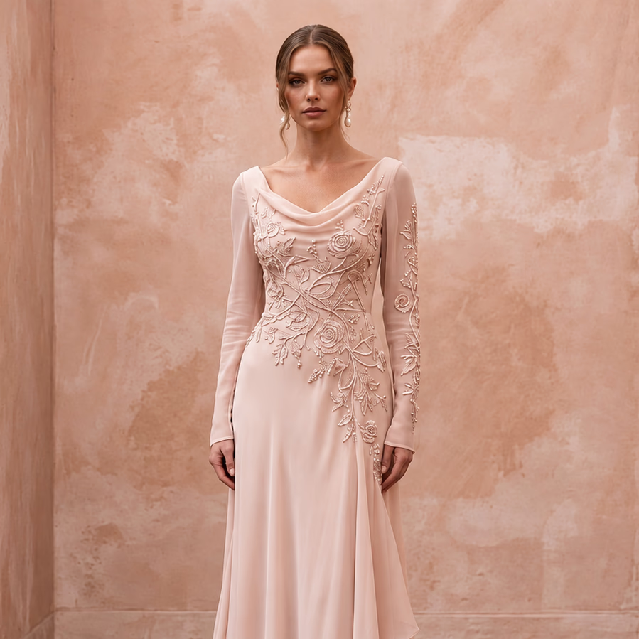 Graceful Blush Silk Georgette Long Sleeve Wedding Dress for Bridal Luncheon