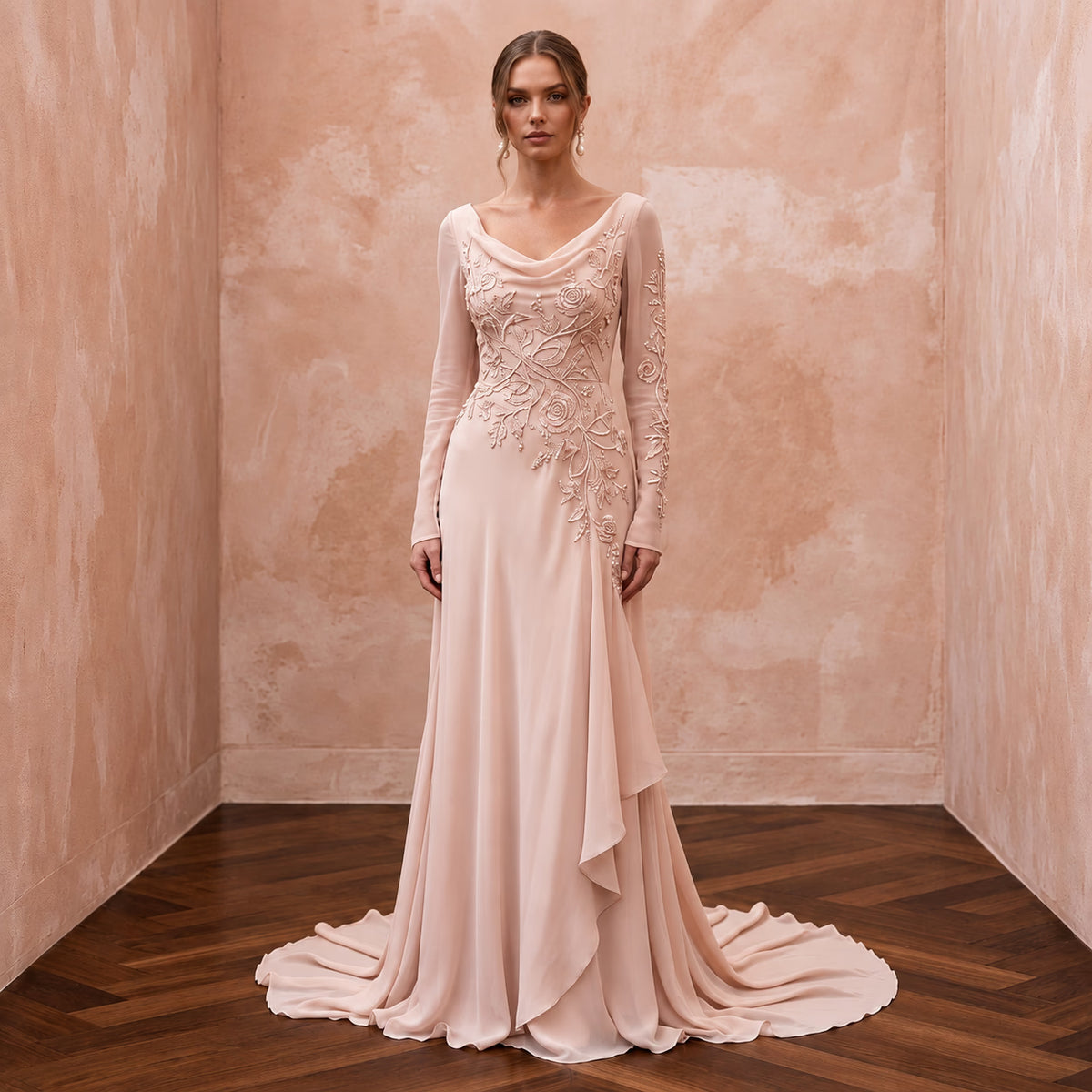 Graceful Blush Silk Georgette Long Sleeve Wedding Dress for Bridal Luncheon