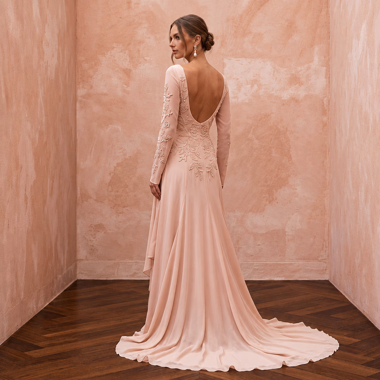 Graceful Blush Silk Georgette Long Sleeve Wedding Dress for Bridal Luncheon Secondary image