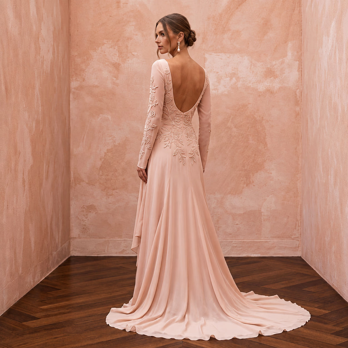 Graceful Blush Silk Georgette Long Sleeve Wedding Dress for Bridal Luncheon