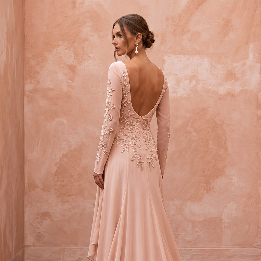 Graceful Blush Silk Georgette Long Sleeve Wedding Dress for Bridal Luncheon