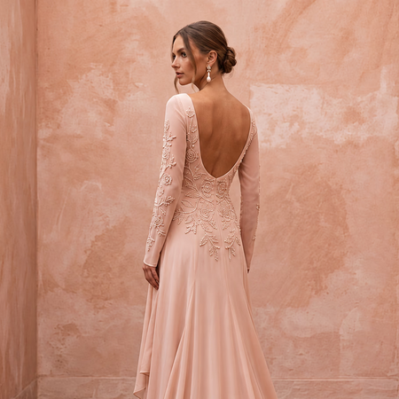Graceful Blush Silk Georgette Long Sleeve Wedding Dress for Bridal Luncheon