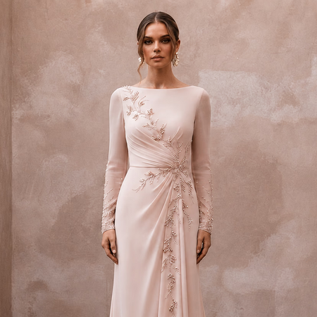 Graceful Blush Silk Georgette Long Sleeve for Bridal Luncheon - Apparel & Accessories > Clothing > Wedding & Bridal Party Dresses > Wedding Dresses - Mignonette Bridal
