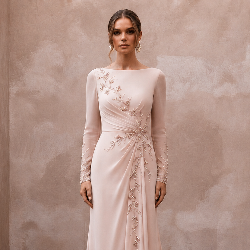 Graceful Blush Silk Georgette Long Sleeve for Bridal Luncheon