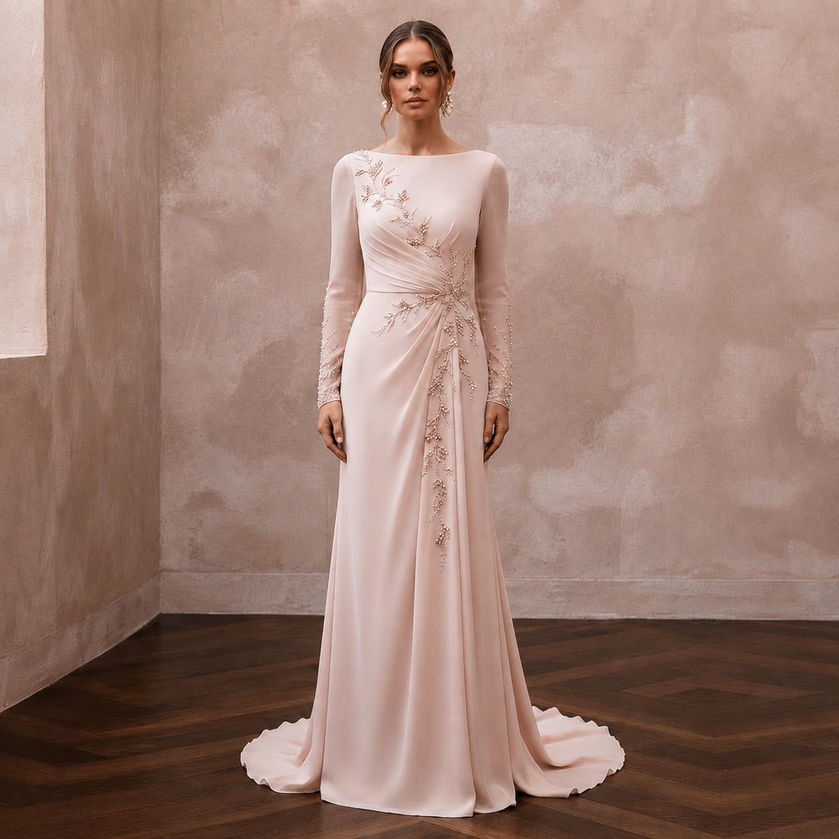 Graceful Blush Silk Georgette Long Sleeve for Bridal Luncheon - Apparel & Accessories > Clothing > Wedding & Bridal Party Dresses > Wedding Dresses - Mignonette Bridal Main image