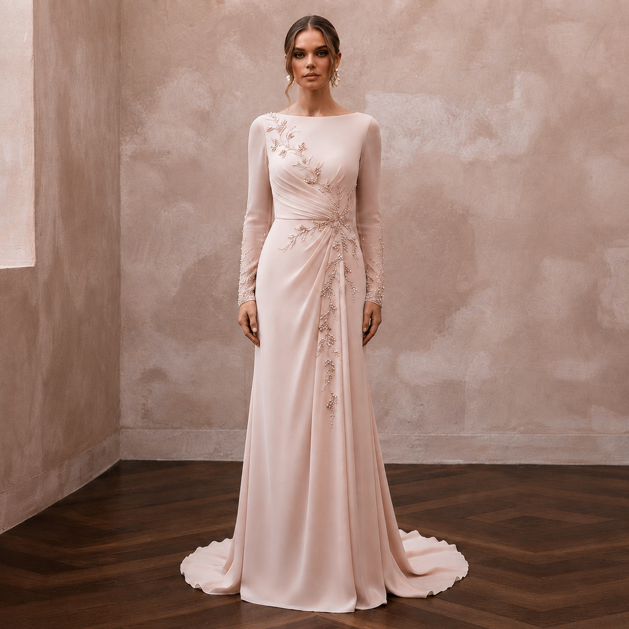 Graceful Blush Silk Georgette Long Sleeve for Bridal Luncheon