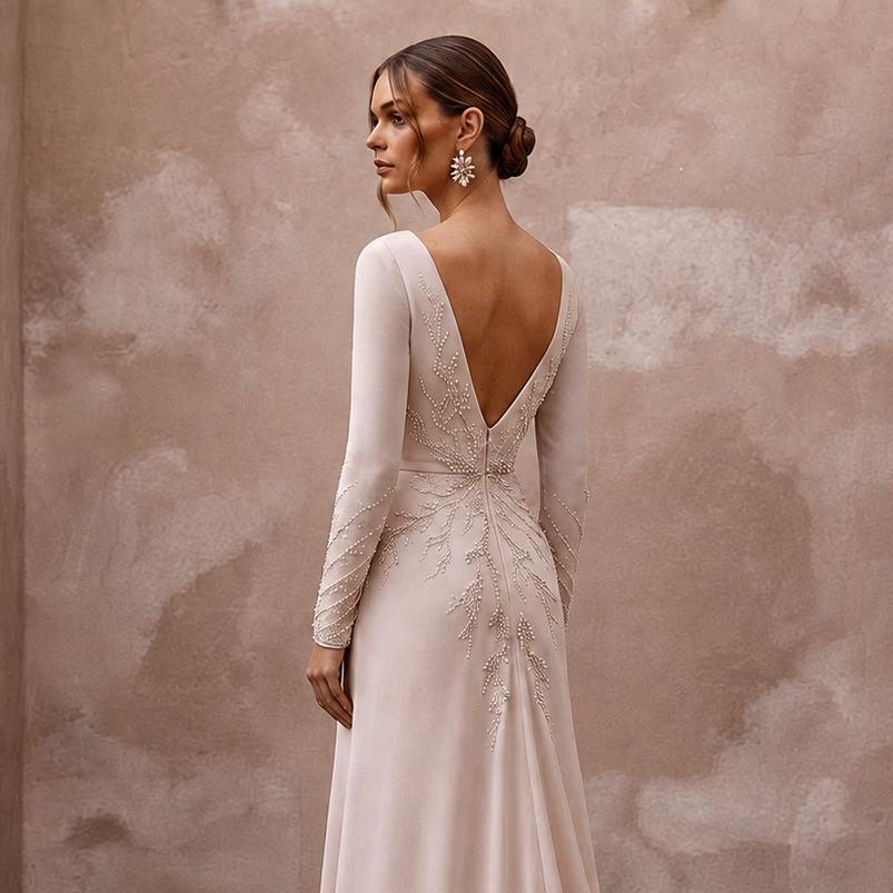 Graceful Blush Silk Georgette Long Sleeve for Bridal Luncheon - Apparel & Accessories > Clothing > Wedding & Bridal Party Dresses > Wedding Dresses - Mignonette Bridal