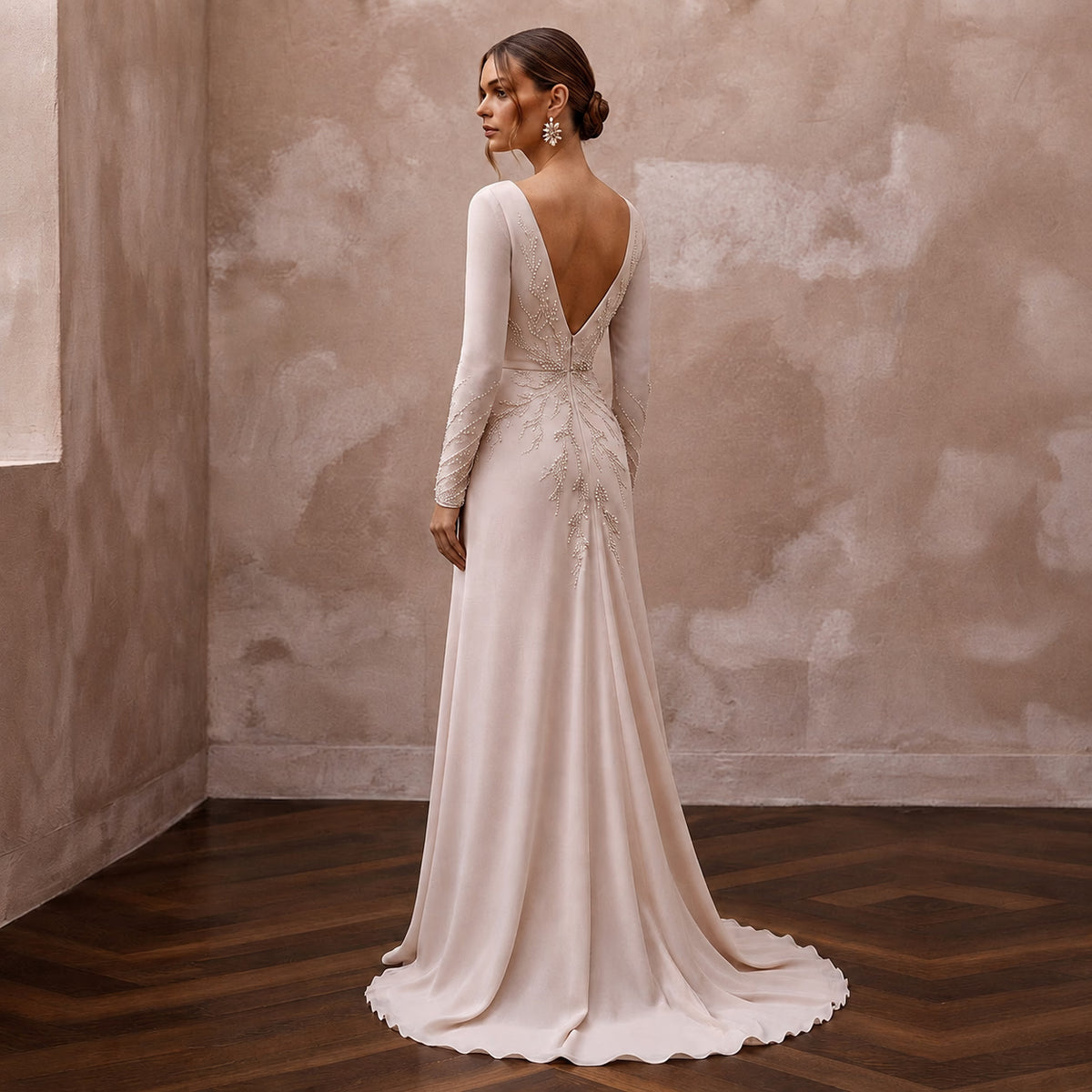 Graceful Blush Silk Georgette Long Sleeve for Bridal Luncheon - Apparel & Accessories > Clothing > Wedding & Bridal Party Dresses > Wedding Dresses - Mignonette Bridal