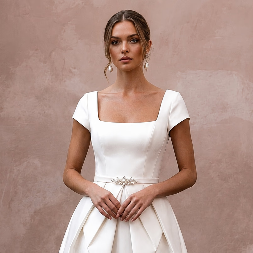 Graceful Ivory Duchess Satin Short Dress for Anniversary Lunch - Apparel & Accessories > Clothing > Wedding & Bridal Party Dresses > Wedding Dresses - Mignonette Bridal