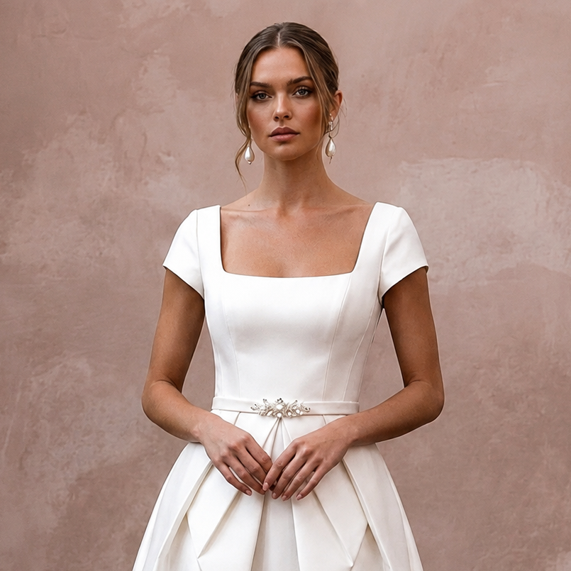 Graceful Ivory Duchess Satin Short Dress for Anniversary Lunch