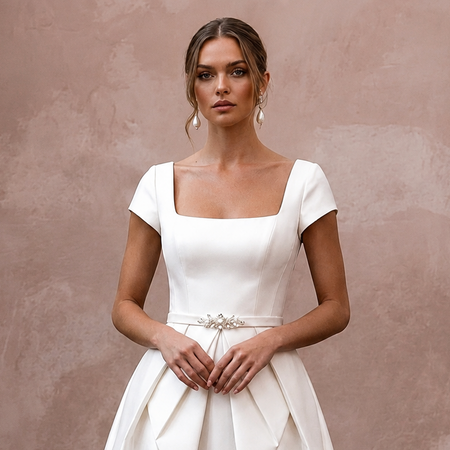 Graceful Ivory Duchess Satin Short Dress for Anniversary Lunch