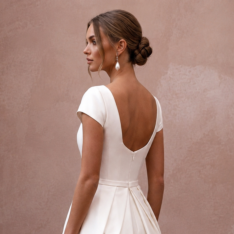 Graceful Ivory Duchess Satin Short Dress for Anniversary Lunch