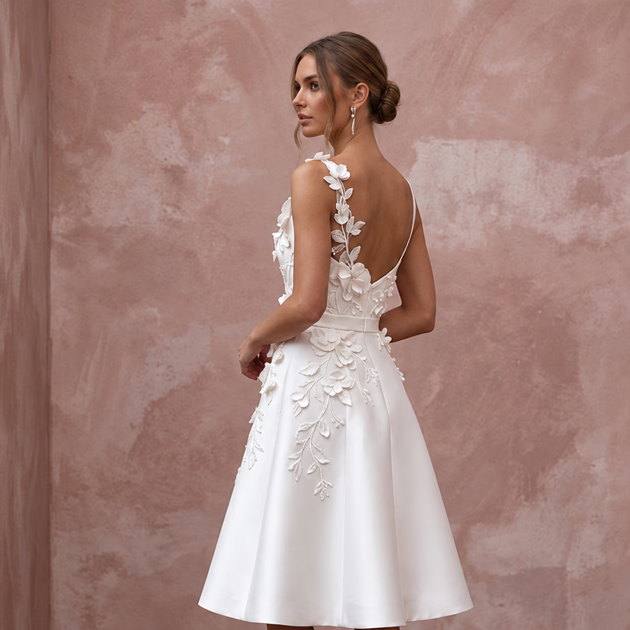 Graceful Ivory Duchess Satin Short Wedding Dress for Anniversary Lunch