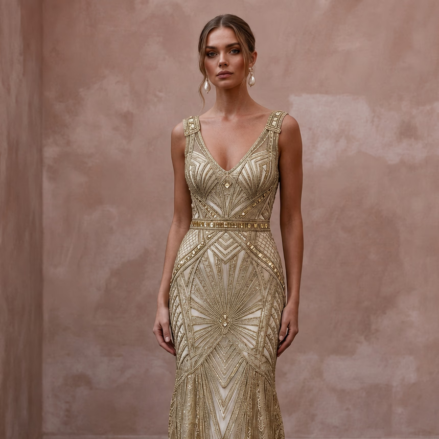 Great Gatsby Gold Metallic Lace Dress for Art Deco Elopement - Apparel & Accessories > Clothing > Wedding & Bridal Party Dresses > Wedding Dresses - Mignonette Bridal