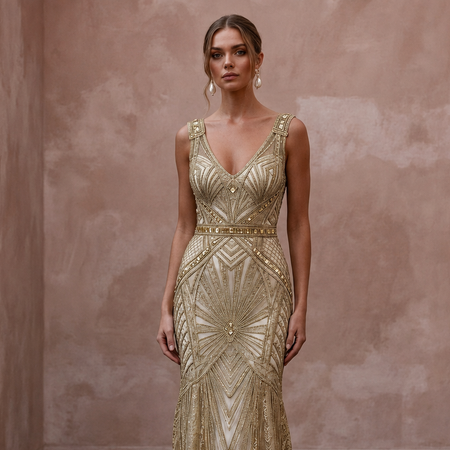 Great Gatsby Gold Metallic Lace Dress for Art Deco Elopement