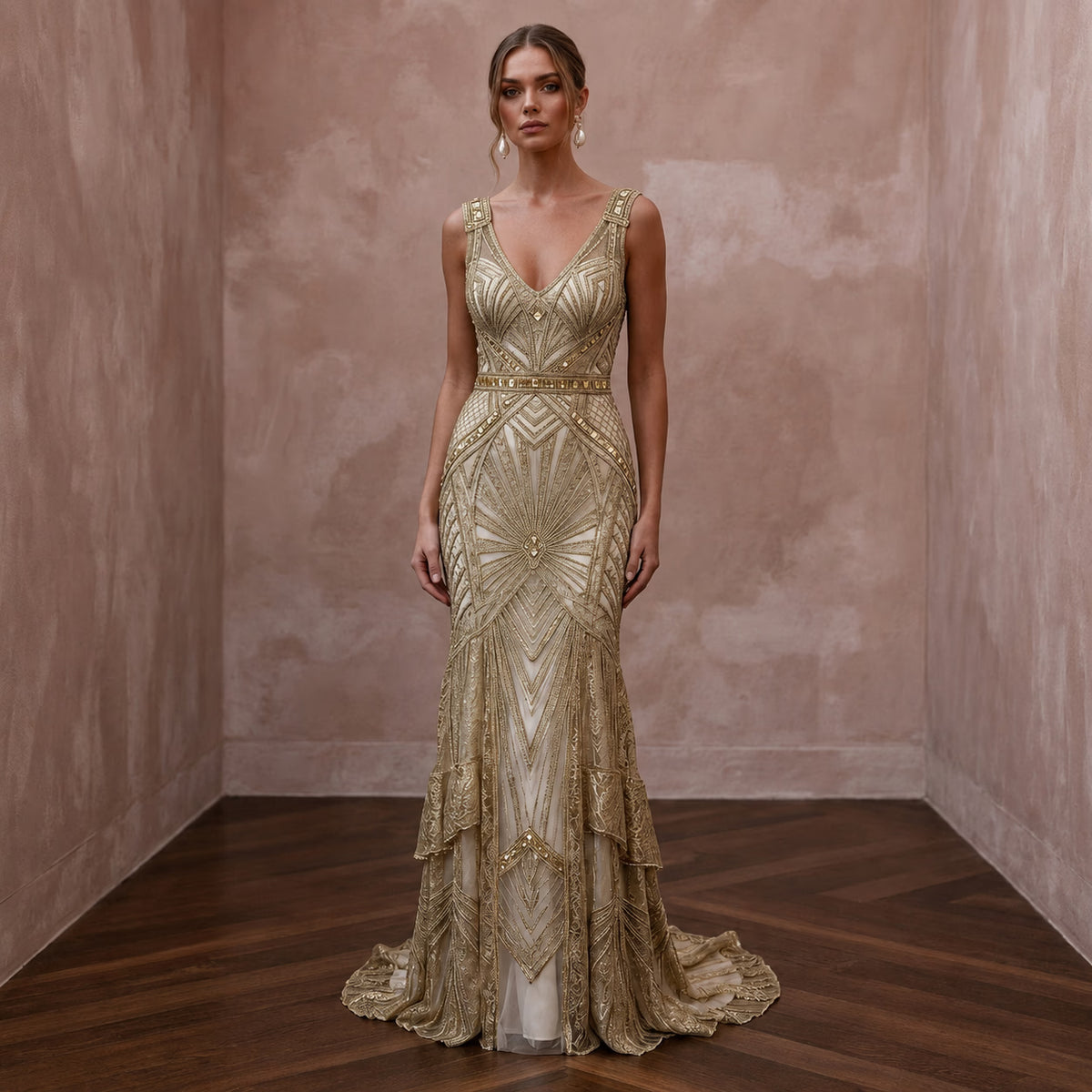 Great Gatsby Gold Metallic Lace Dress for Art Deco Elopement - Apparel & Accessories > Clothing > Wedding & Bridal Party Dresses > Wedding Dresses - Mignonette Bridal Main image
