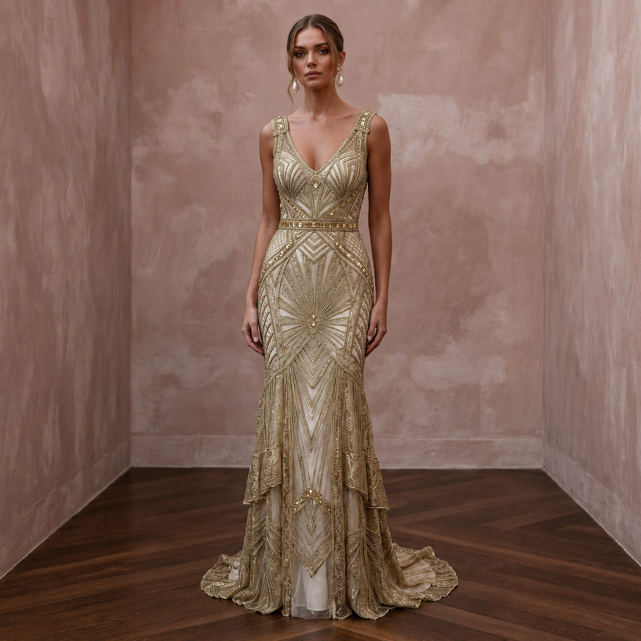 Great Gatsby Gold Metallic Lace Dress for Art Deco Elopement