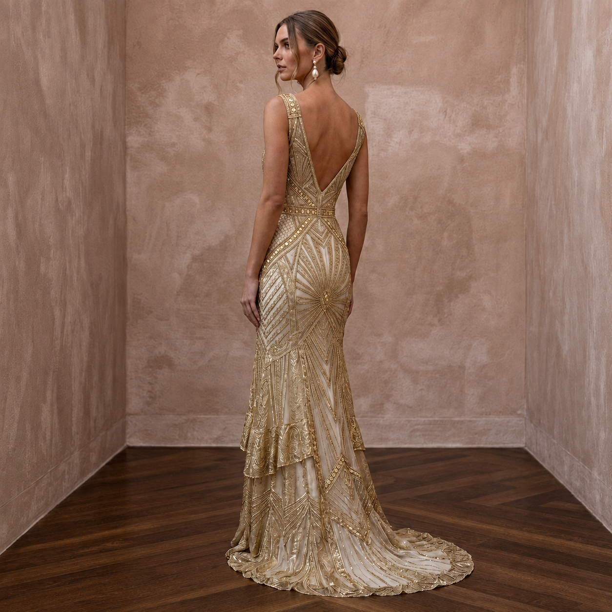 Great Gatsby Gold Metallic Lace Dress for Art Deco Elopement