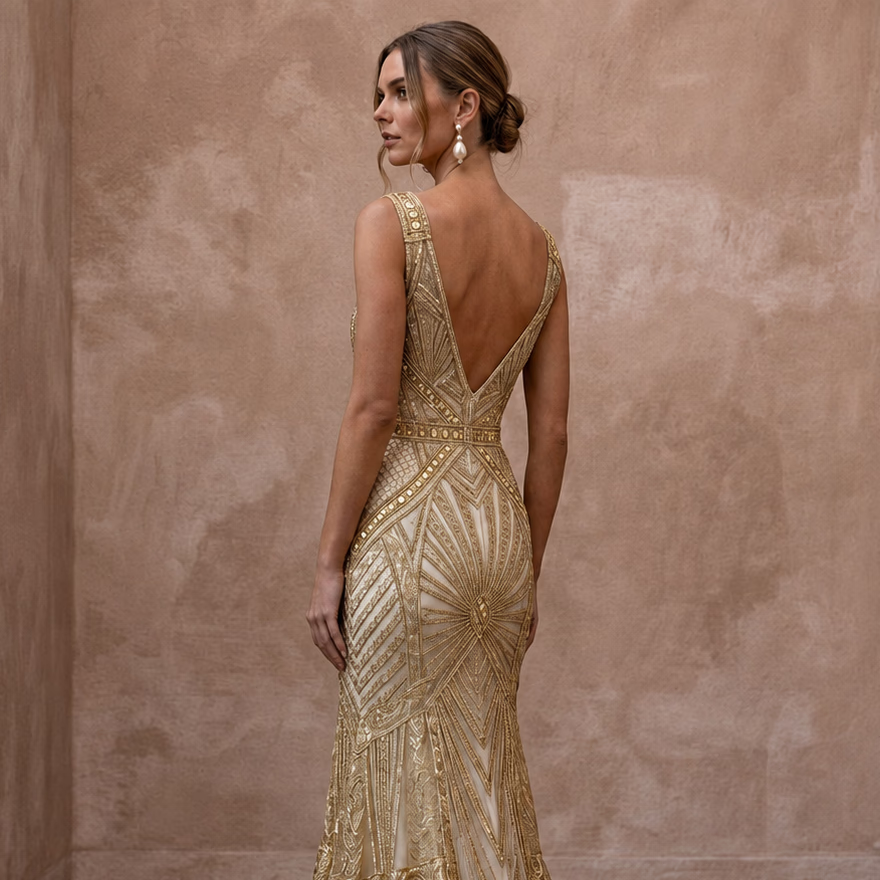 Great Gatsby Gold Metallic Lace Dress for Art Deco Elopement - Apparel & Accessories > Clothing > Wedding & Bridal Party Dresses > Wedding Dresses - Mignonette Bridal