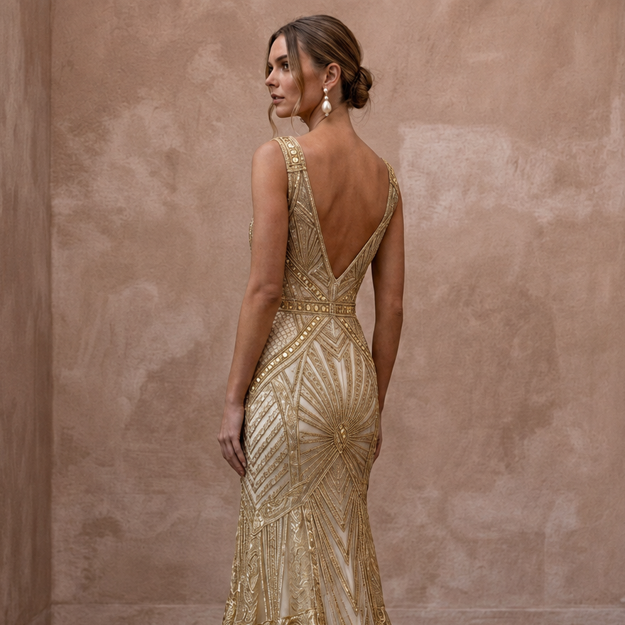 Great Gatsby Gold Metallic Lace Dress for Art Deco Elopement