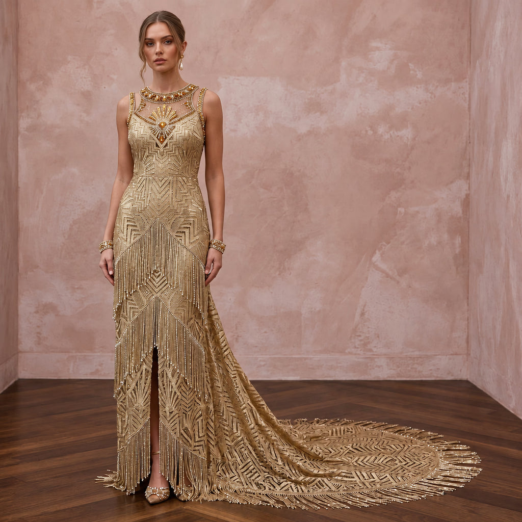 Great Gatsby Gold Metallic Lace Wedding Dress for Art Deco Elopement