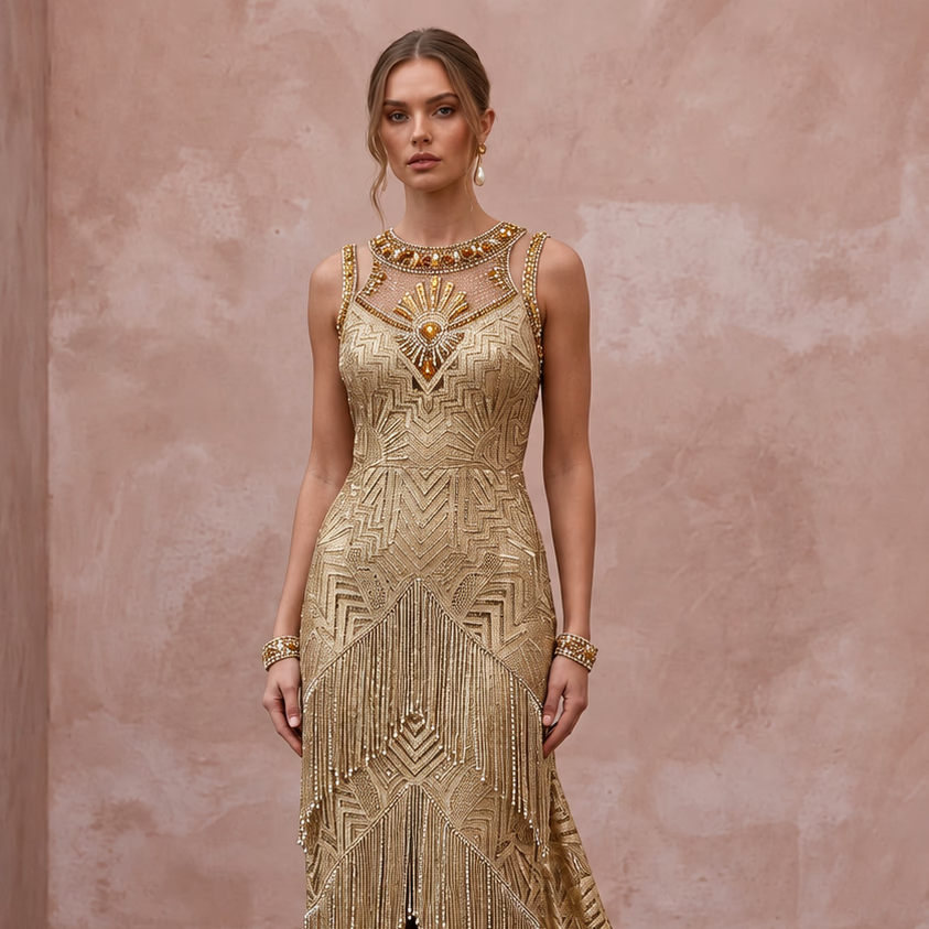 Great Gatsby Gold Metallic Lace Wedding Dress for Art Deco Elopement