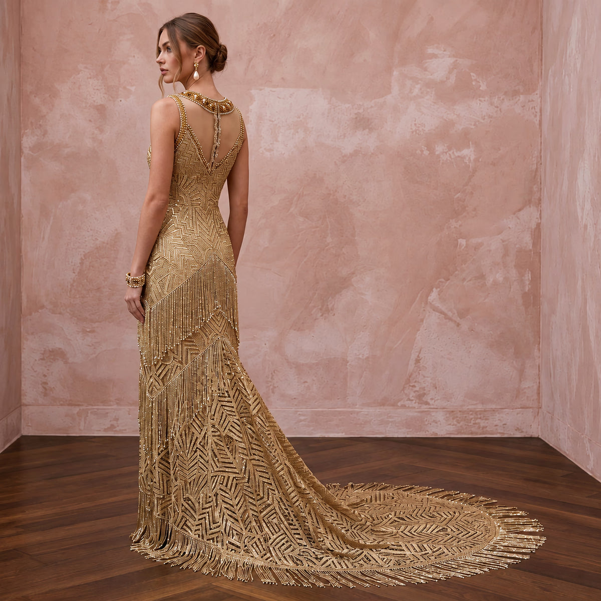 Great Gatsby Gold Metallic Lace Wedding Dress for Art Deco Elopement