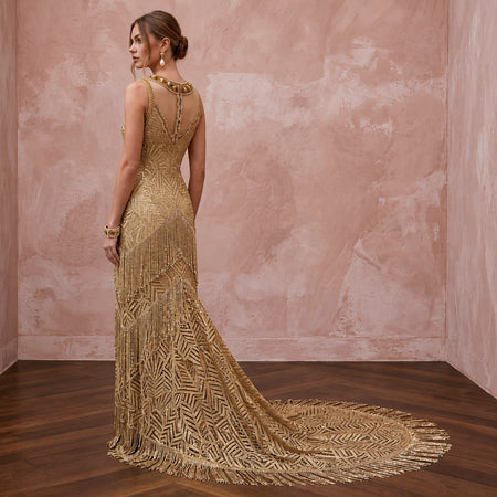 Great Gatsby Gold Metallic Lace Wedding Dress for Art Deco Elopement
