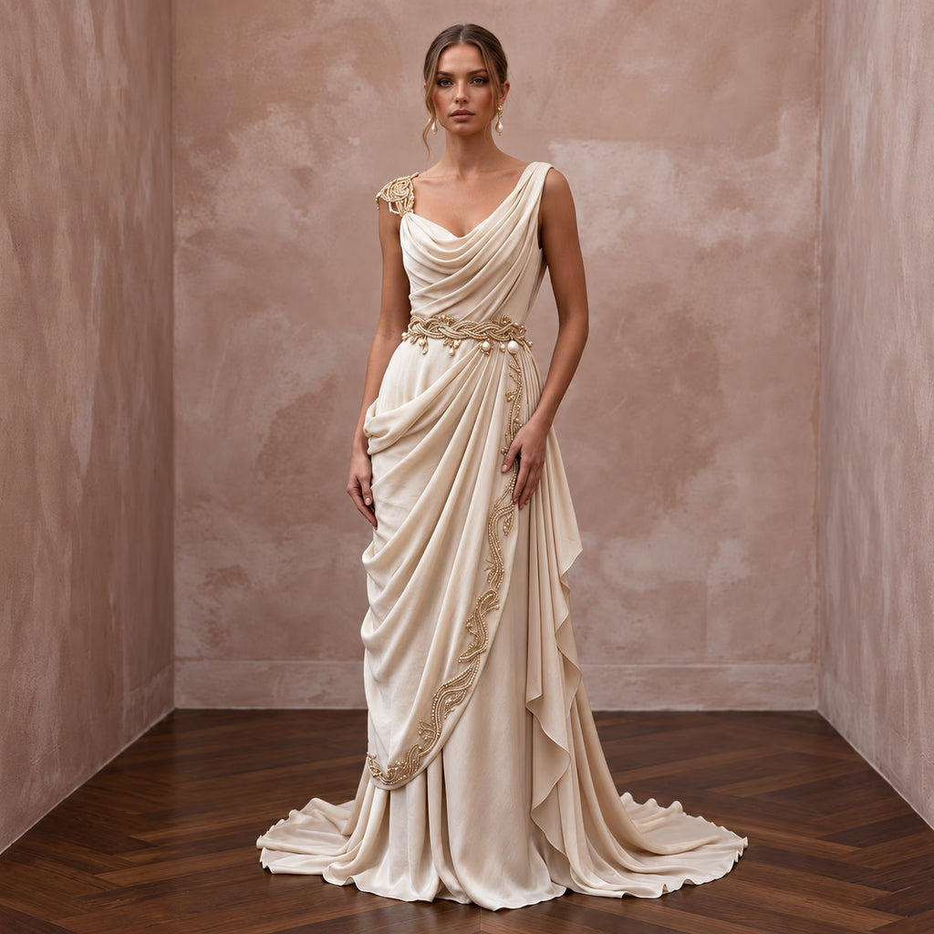 Grecian - Inspired Champagne Draped Silk Bridal Gown for Island Rehearsal - Apparel & Accessories > Clothing > Wedding & Bridal Party Dresses > Wedding Dresses - Mignonette Bridal