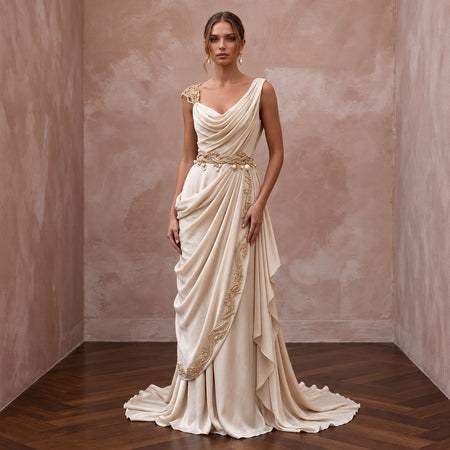 Grecian - Inspired Champagne Draped Silk Bridal Gown for Island Rehearsal - Apparel & Accessories > Clothing > Wedding & Bridal Party Dresses > Wedding Dresses - Mignonette Bridal