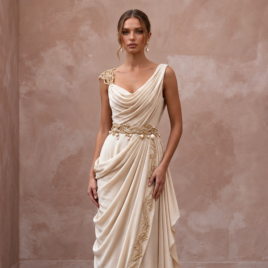 Grecian - Inspired Champagne Draped Silk Bridal Gown for Island Rehearsal - Apparel & Accessories > Clothing > Wedding & Bridal Party Dresses > Wedding Dresses - Mignonette Bridal