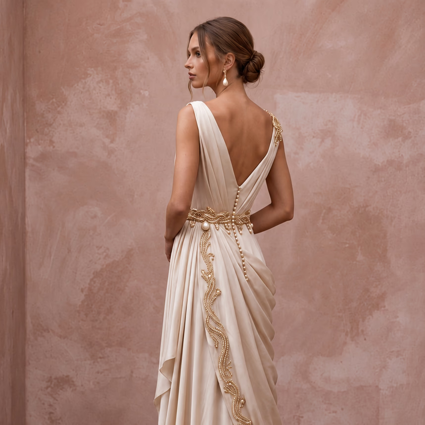 Grecian - Inspired Champagne Draped Silk Bridal Gown for Island Rehearsal - Apparel & Accessories > Clothing > Wedding & Bridal Party Dresses > Wedding Dresses - Mignonette Bridal