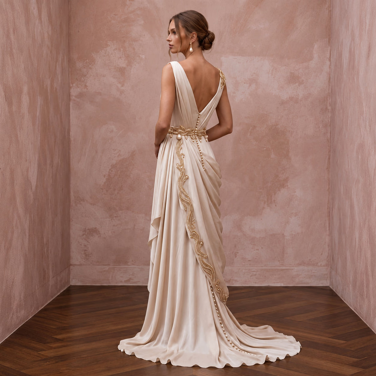 Grecian - Inspired Champagne Draped Silk Bridal Gown for Island Rehearsal - Apparel & Accessories > Clothing > Wedding & Bridal Party Dresses > Wedding Dresses - Mignonette Bridal