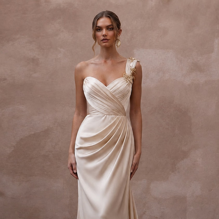 Grecian - Inspired Champagne Draped Silk Dress for Island Rehearsal - Apparel & Accessories > Clothing > Wedding & Bridal Party Dresses > Wedding Dresses - Mignonette Bridal